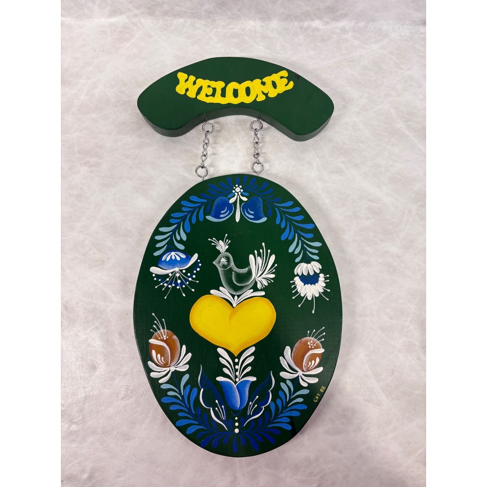 Vintage 1988 Hand Painted Wooden Welcome Sign Rosemaling Bird Heart Floral Green